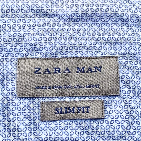 Zara Man Slim Fit Blue Button Down Patterned Long Sleeve Shirt Men’s Size L - Picture 2 of 11